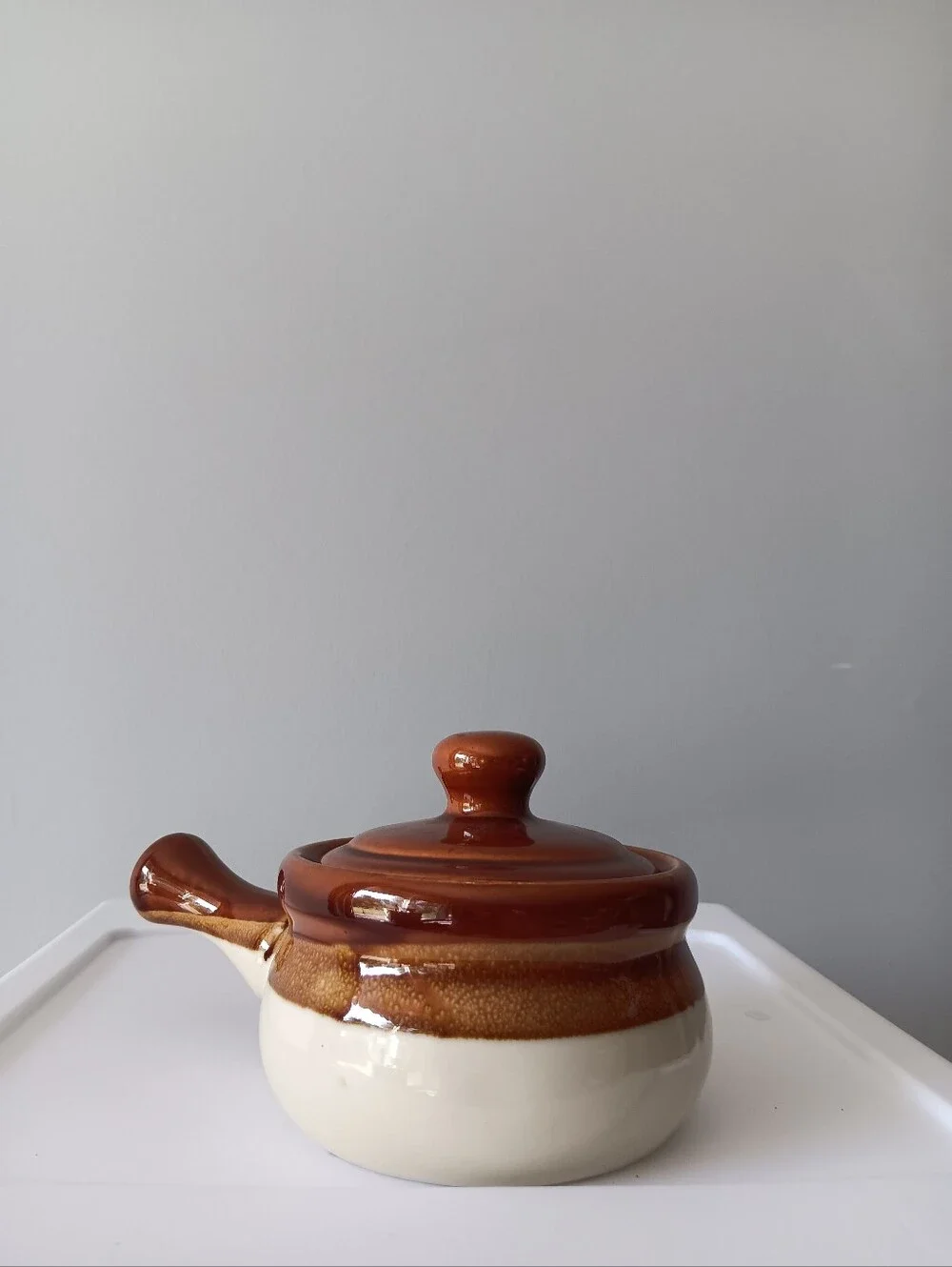 Vintage Handled Ceramic Crock French Onion Soup Bowl & Lid Made in Japan Brown